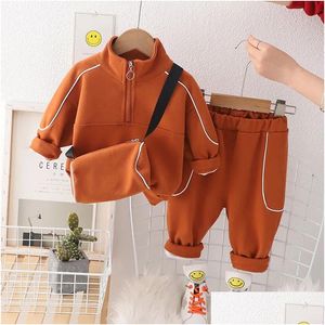 Clothing Sets Autumn Toddler Boy 3Pcs Clothes Set Cotton Zipper Sweatshirt Solid Bag Suit Casual Sports Pant Kid Outfit Baby 240117 Dr Dhpyy