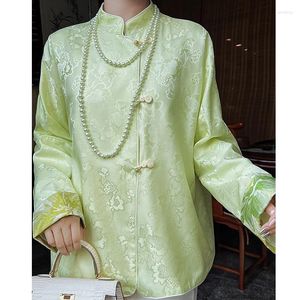 Women's Blouses Spring Light Yellowish Green Silk Flower Chinese Style Stand Collar Women Shirt Loose Fashion Youth Lady Top M-XL