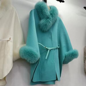 Jackets Blue Loose Wool Blended Women Coat with Real Fox Fur and Fox Fur Cuff Female Fashion Cashmere Oversized Jacket Outwear