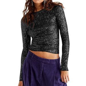 Elegant sequin top women's sparkling solid color round neck long sleeved cut T-shirt sexy party clothing club uniform 240118