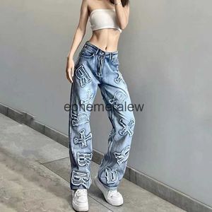 Women's Jeans Streetwear Blue Letter Embroidery High Waist Jeans Y2k Korean Style Hip Hop Straight Denim Boyfriend Jeans for Women Trousersephemeralew