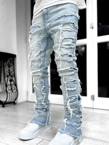 Streetwise Stretch Patch jeans för män botten baggy herrkläder sommar fast mode mitt midja lapptäcke långa byxor man y240117