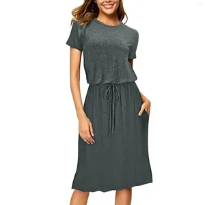 Abiti casual Moda donna Tinta unita Manica corta Girocollo Abito con cravatta in corda Abiti Largos Eleganti Mujeres