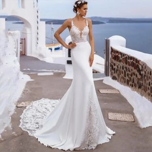 Modern V-Neck Mermaid Wedding Dress Spaghetti Straps Lace Appliques Backless Illusion Bridal Gown Vestidos De Novia YD