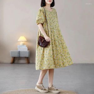 Festklänningar Johnature Women Vintage Puff Sleeve Dress O-Neck Print Floral Summer Clothes 2024 Cotton Soft Casual Kne Length