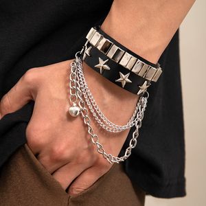 Stage Wear Dance Accessories Men's Bell Pendant PU Leather Bracelet Punk Silver Color Star Cuban Long Chain Tassel Bracelet Hip Hop Jewelry