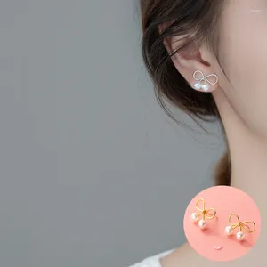 Stud Earrings 925 Sterling Silver Pearl Bowknot For Women Girl Simple Fashion Hollow Out Design Jewelry Party Gift Drop