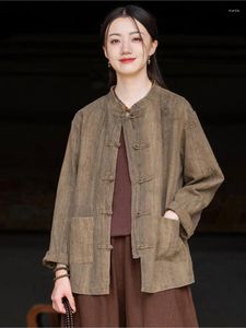 Women's Jackets 23 Autumn/Winter Chinese Vintage Ramie Tie Dyeing Women Stand Button Pocket Loose Casual All-match Tops Coat