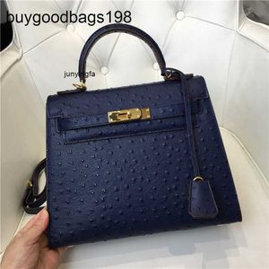 Bolsa de grife OstricKe11y Bolsas feitas à mão com apenas 30. Gujias mesmo padrão de couro azul escuro elegante versátil feminino