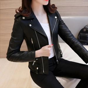 Mulheres jaqueta de couro falso elegante jaqueta de couro feminino com gola virada para baixo com zíper decoração slim fit sólido para o outono 240117