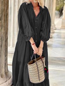 Casual Dresses 2024 Spring Summer Loungewear Maxi Dress Women Fashion Three Quarter Sleeve Party V-Neck Patchwork Elegant Ladies