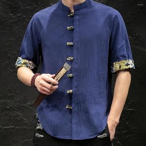 Camisas casuais masculinas estilo chinês camisa estampada manguito top gola primavera com nó de peito único impresso