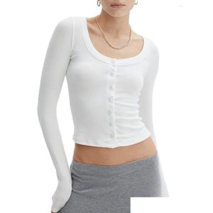 Koszulka damska Women T-koszulka duoyunn Women S Bild Rleeve żebrowana Y2K Tops Button Slim Fited Going Out Tee Podstawowa ciasna bluzka S DHB4V