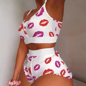 Sexy Pijama 2 Piece Set Ladies Pajama Set Fashion Red Lips Pattern Sleepwear Home Suits Thin Section Top and High Waist Shorts 240117