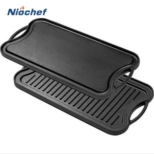 Cast Iron Freying Pan BBQ Tool Nonstick Double Sided Sidet Prexet Home Cookware Gas Induction Cooker Universal Picnic Grill Plate 240117