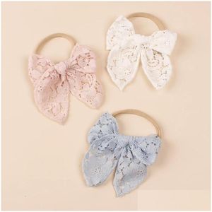 Hårtillbehör 15st/Lot Lace broderi Fabel Bow Nylon Baby Headband Soft Elastic Hairband For Toddler Girls Spädbarnstillbehör DHJ0E