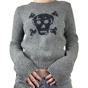 Maglione con teschio y2k estetica fata Gleng abbigliamento da donna grigio a maniche lunghe crop top punk gotico con cerniera abbigliamento da strada 240118