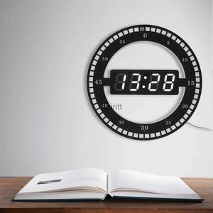 Skrivbordklockor Desktop Table Clock Creative Mute Hanging Wall Clock Black Circle Automatiskt Justera Brightness Digital LED Display US/EU Plug YQ240118