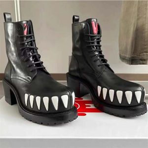 Homens negros Designer Dentes Botas de salto alto homem couro genuíno botas de salto grosso