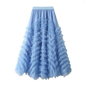 Юбки, многослойная сетчатая тюлевая пачка для женщин, сказочная милая плиссированная длинная юбка трапециевидной формы с высокой талией, элегантная однотонная юбка-пачка