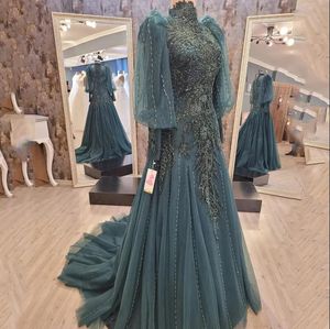 Verde enegrecido luxo alta pescoço vestidos de noite 2024 cristal beading renda tull manga comprida a linha vestidos de baile de noche