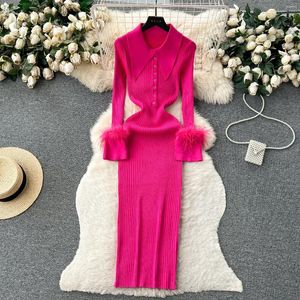 Vestidos casuais mamcy mulheres vestido 2024 inverno elegante pele manga longa camisola de malha slim fit senhora envoltório quadris bainha vestidos