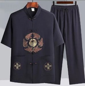 Ny kinesisk stil män broderad kort ärm tang kostym högkvalitativ kung fu tai chi kampsport hanfu set m-xxxl