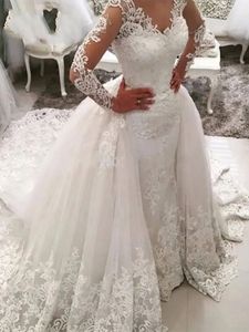 فستان زفاف الخامس من الدانتيل مع تنورة قابلة للفصل الأكمام طويلة الأكمام مفتوحة أزرار الظهر