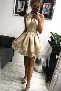 Szampanowe złoto krótkie homecoming sukienki liniowe kantarki szyi koronkowe krótkie imprezowe sukienka dla kobiet koktajl