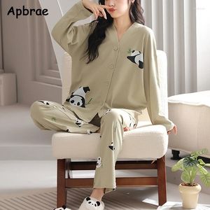 Women's Sleepwear Apbrae Panda Print Autumn Winter Kimono V-neck Pure Cotton Pajamas Womens Long Sleeves Pjs Woman Casual Homewear