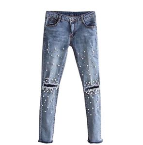 2017 Nuove Donne di Moda Ragazze Foro Perline Jeans Distrutti Strappati Perlati Slim Denim Boyfriend Jeans Pantaloni3421963