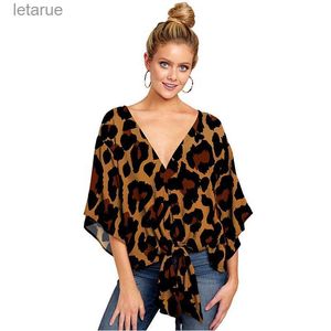 Women's Blouses Shirts Wholesale Fashion Women Floral Leopard Print Shirts Summer Elegant Deep V-Neck Female Blouse Sexy Sleeve Lady Lace Up Shirt Tops YQ240118