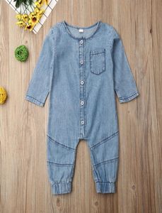 Vårens höst babykläder långärmad romper denim solid jumpsuit ficka kläder nyfödda barn baby flicka pojke kläder 2010279568753