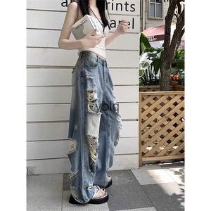 Women's Jeans Distressed jeans for women in 2023 new retro color blocking design high waisted slimming wide leg mop pants y2k jeans trafyolq