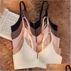Yoga Outfit Soft Support Seamless Underwear Womens Thin Deep V-Neck Comfortable Small Breast Push-Up And Side Breasts No Wire Bra Dro Dhfdv