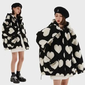 Winter High Street Harajuku Love Printed Rabbit Fur Padded Jacket Men and Women Hong Kong Style Student Hooded Cotton 240117