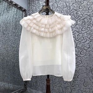 Women's Blouses Blusas Feminino 2024 Spring Summer Fashion Design Ladies Cascading Ruffle Flower Blouse Female Elegant Work Tops Beige