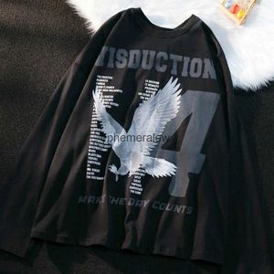 Men's T-Shirts Streetwear Sweatshirt Eagle Print Round Neck Long Sleeved T Shirt Men Women New Fashion Trend Gothic Loose Oversized Couple Topsephemeralew