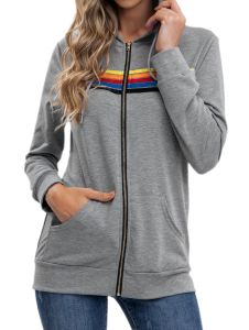 Hoodies moletons moda feminina com capuz oversized arco-íris listra manga longa moletom com zíper bolso casaco jaqueta primavera casual