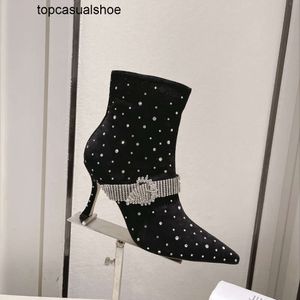 JC Jimmynessity Choo Rhinestones Stövlar Kristall Toppkvalitet Ankel Pekade tå Stiletto -klackar Kvinnor Luxur Designer Leather Sole Booties Dress Evening Shoes Factor Factor