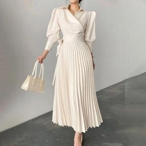 Vestidos casuais verão roupas femininas simples cor sólida moda versátil elegante polo colarinho cintura gravata plissada ol vestido longo