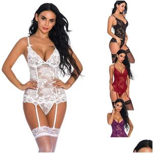 Kadınların pijama yeni kadın pijama iç çamaşırı, süslü ve ağ çiçek şeffaf dantelli sırtlı Teddy Bodysuits kırmızı beyaz b dh1bo