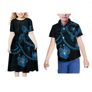 Casual Dresses Children's Turtle Pattern Short Sleeve Long Dress Tropical Watercress Print Men's Shirt Samoa Fiji Couples Outfit