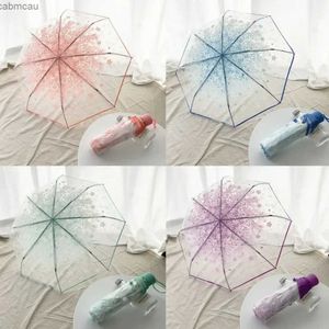 Umbrellas Transparent Umbrella Folding Cherry Blossom Rain Gear Korean Fresh Simple Forest Series Flowers Cute Clear Three Fold Umbrella