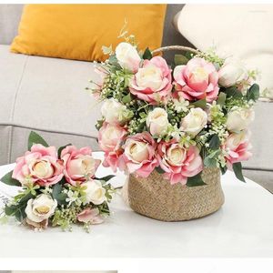 Декоративные цветы, имитация свадьбы, невесты, шелковые поддельные розы, зеленое растение, декор для аудитории, искусственный цветок, двойная розовая роза, украшение для кафе