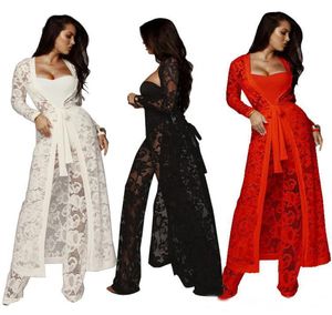 Black White Red Strapless Lace See Through Rompers Sexiga kvinnor Cardigan Coat Bodysuitlong Pant 3 Piece Jumpsuit Plus Size Overall8109263