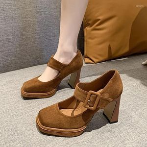 Sukienka buty 2024 Spring Marie Janes Women High Heels zamsz elegancka platforma Lolita Chunky Pumps Square Toe Femme Zapatos