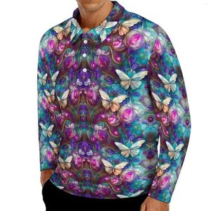 Men's Polos Butterfly Print Casual T-Shirts Male Blue And Purple Long Sleeve Polo Shirts Collar Stylish Spring Design Shirt Plus Size