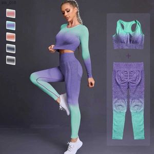 Yoga Outfit 2PC Ombre Donna Yoga Set Leggings senza cuciture Manica lunga Crop Top Reggiseno sportivo Pantaloni da corsa Abbigliamento da palestra Fitness Workout Gym setH24119