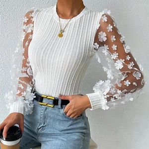 Women's Blouses Women Shirt See-through Mesh Flower Applique Round Neck Long Sleeve Solid Color Pullovern Soft Patchwork Twist Texture Top